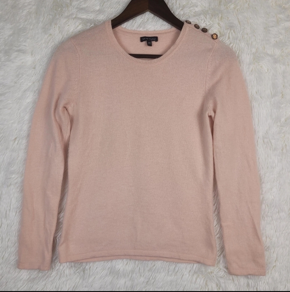 Anne Klein Womens XS Pale Pink Button Shoulder 100% Cashmere Sweater